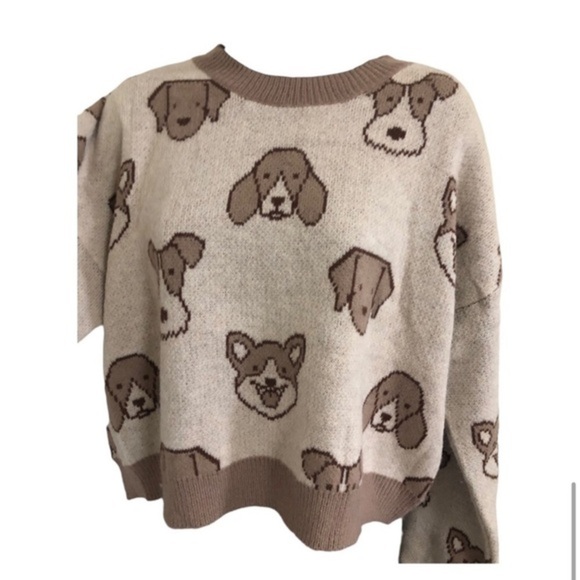 Beige cream brown adorable puppy dog face print long sleeve sweater size medium - Picture 8 of 16